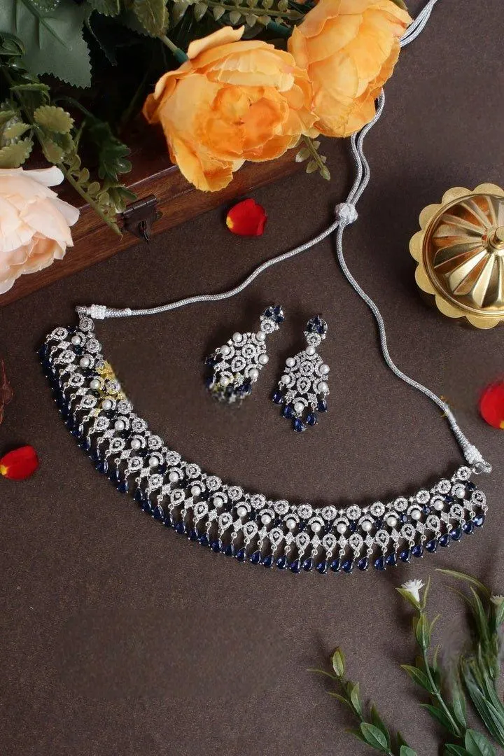 Silver Half Moon AD Necklace with Blue Polish